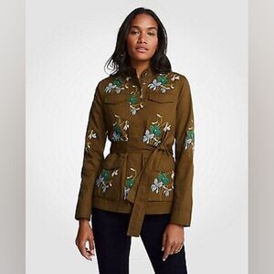 Ann Taylor Olive Green Floral Embroidered Safari Utility Jacket